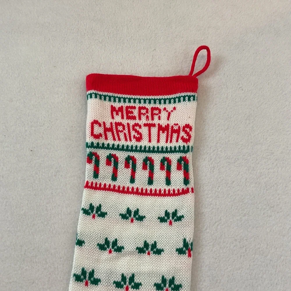 Christmas‎ Stocking Knitted Knit White Candy Canes Holly Leaves Merry Taiwan